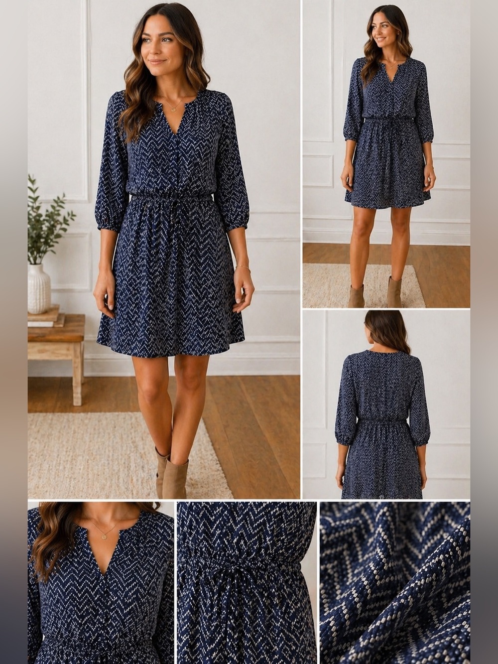 Daniel Rainn Women’s Medium Navy Chevron V-Neck Dress 3/4 Sleeve Elastic Waist